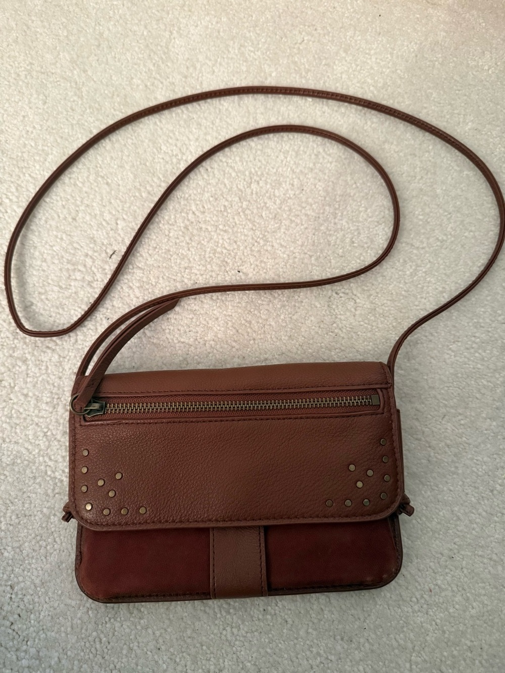 Lucky Brand Brown Small Leather & Suede Crossbody with Stud Accents